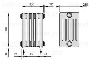 Схема (чертеж) Радиатор Zehnder Charleston 6050/5 №3570 Белый глянцевый RAL 9016
